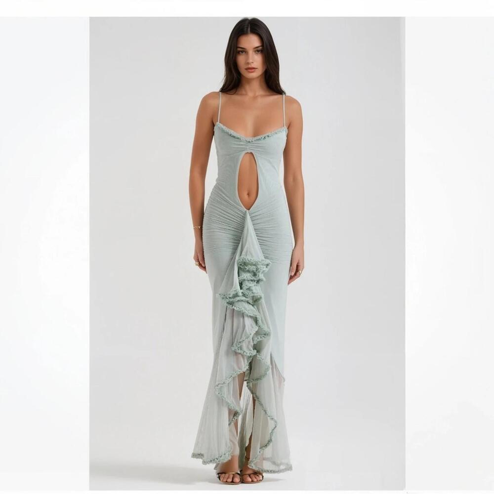 HOUSE OF CB 'Gabriella' Pistachio Ruffled Front Gown /Size L-US